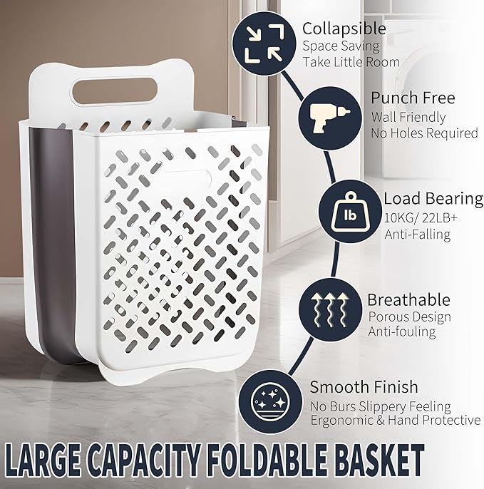 Plastic Foldable Laundry Basket with Handle, 42L Wall Mounted Laundry Hamper Freestanding Dirty Clothes Hamper, Collapsible Laundry Baskets Pop Up Hamper Storage Container for Snacks Dolls