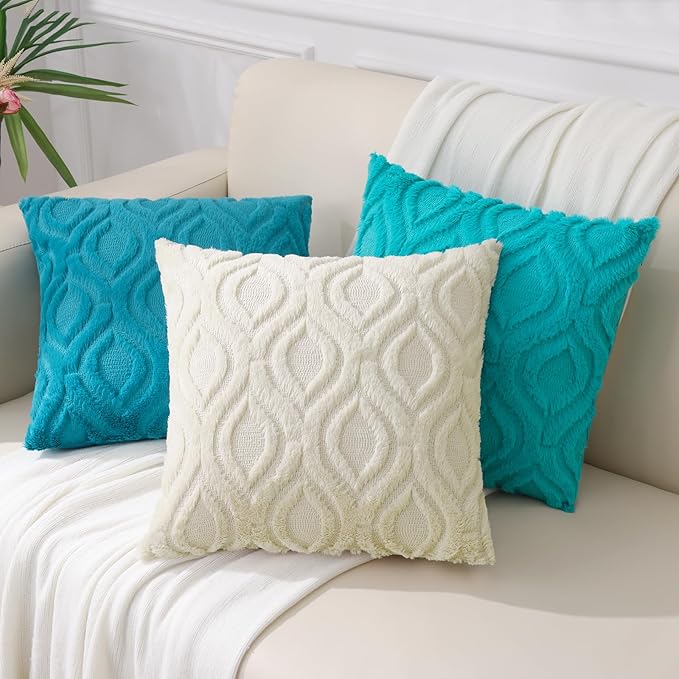 decorUhome Fall Throw Pillow Covers 20x20 Inch Set of 2, Soft Plush Decorative Faux Fur Teal Solid Couch Pillow Covers, Accent Farmhouse Neutral Square Euro Pillow Cases for Sofa Bed Living Room