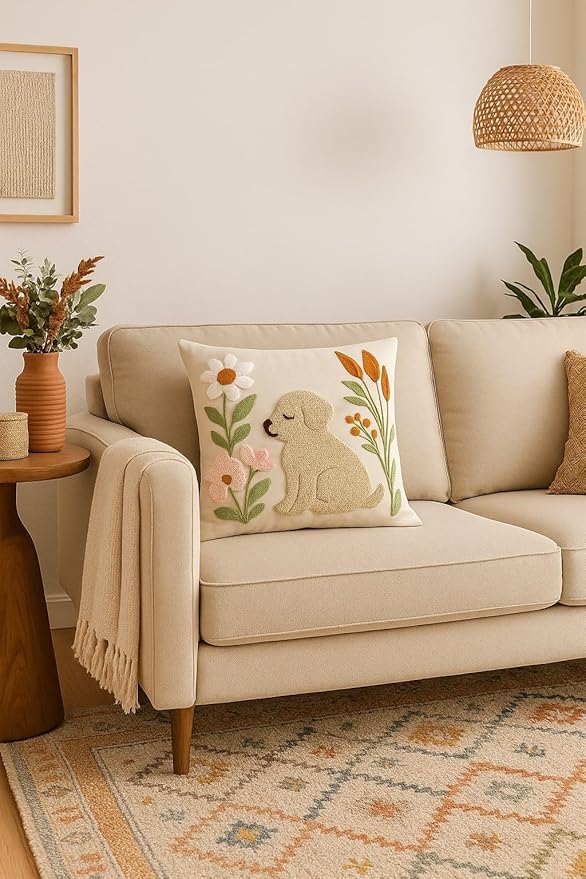 katre home madame & textile Embroidered Dog Pillow Cover – 18x18 inch Handmade Punch Needle Cushion – Boho Cotton Throw Pillow for Couch, Bed, or Gift for Dog Lovers