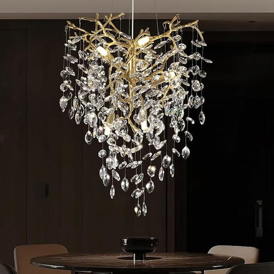 Modern Gold Crystal Tree Branches Chandelier,21 Inchs 6 Lights Modern Round K9 Crystal Chandeliers for Dining Room, Bedroom, Living Room, Foyer,Kitchen Island