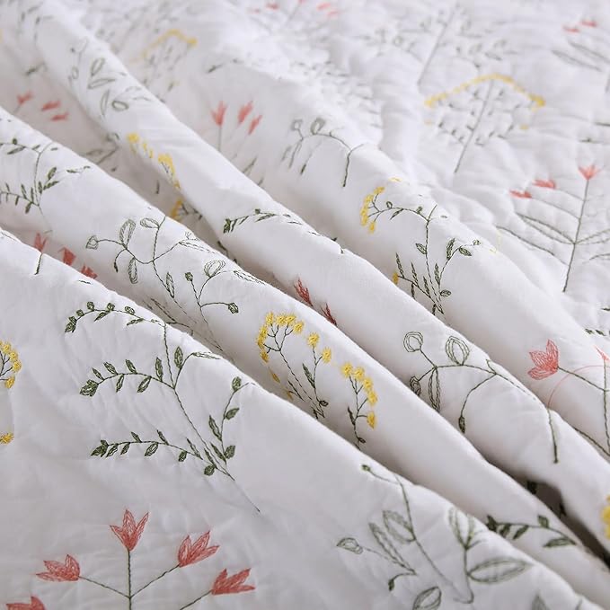 MarCielo 3-Piece 100% Cotton Oversized Bedspread Lightweight Quilt Coverlet Embroidery Farmhouse Bedding Set(TL Floral White,Oversized King (118"x106"))