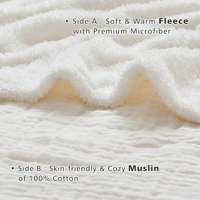 EMME White Throw Blanket Muslin and Fleece Blanket for Women Reversible - 50"*60" Soft & Cozy Warm Lightweight Small Blankets for Couch Bed Picnic Travel Bed