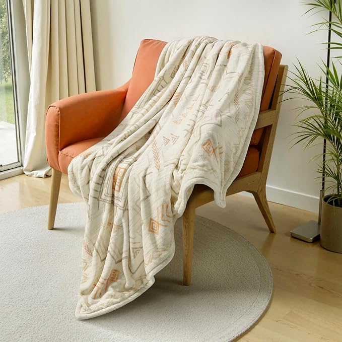Lahome Trible Printed Blanket Aztec Beige Throw Blanket for Couch Soft Cozy Flannel Fluffy Throw Blanket Fuzzy Retro Throw Blankets for Bed Sofa, Ivory 50''x60''