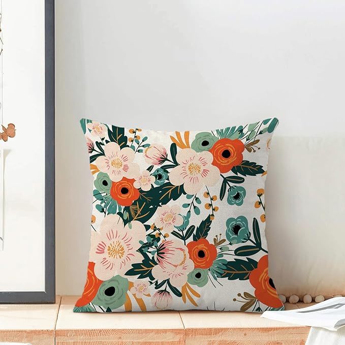 CXMEIFLY Spring Pillow Covers 18 x 18 Inch Set of 2 for Watercolor Flowers Decor Throw Pillows Pink Red Green Plant Floral Outdoor Decorative Cushion Cases for Couch Bed Decorations