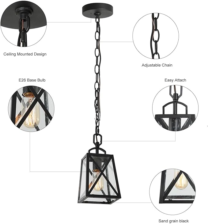 LOG BARN Outdoor Pendant Light Fixture, Farmhouse Exterior Lights, Anti-Rust Ceiling Outdoor Light with Seeded Glass, Lantern Hanging Light for Front Door, Entry, Porch, and Gazebo