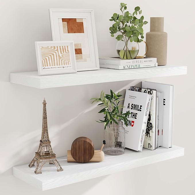 Fun Memories White Floating Shelves 36 Inch Long, 9 Inch Deep Wall Shelves Set of 2, 36 x 9 Floating Shelf for Wall, Rustic Wood Floating Shelves for Kitchen, Living Room, Bedroom