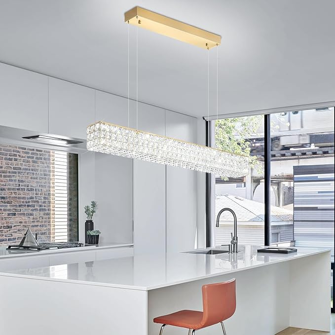 Rectangle Crystal Chandelier Modern Gold Crystal Chandelier Rectangular Pendant Lighting Fixture for Dining Room Kitchen Island Bedroom (L 40")