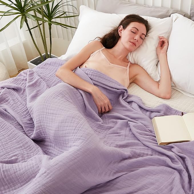 EMME Cotton Twin Blanket for Couch Soft Airy Muslin Bed Blankets Lightweight Breathable All Season Gauze, Lavender 60"x80"