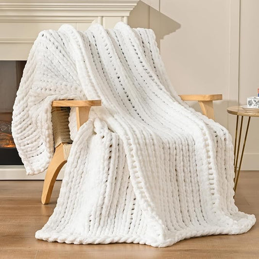 Esterra 100% Hand Knitted Chenille Throw Blanket, 50"x60", White, Polyester, Chunky Knit, Throw Blanket, 50x60 Inches