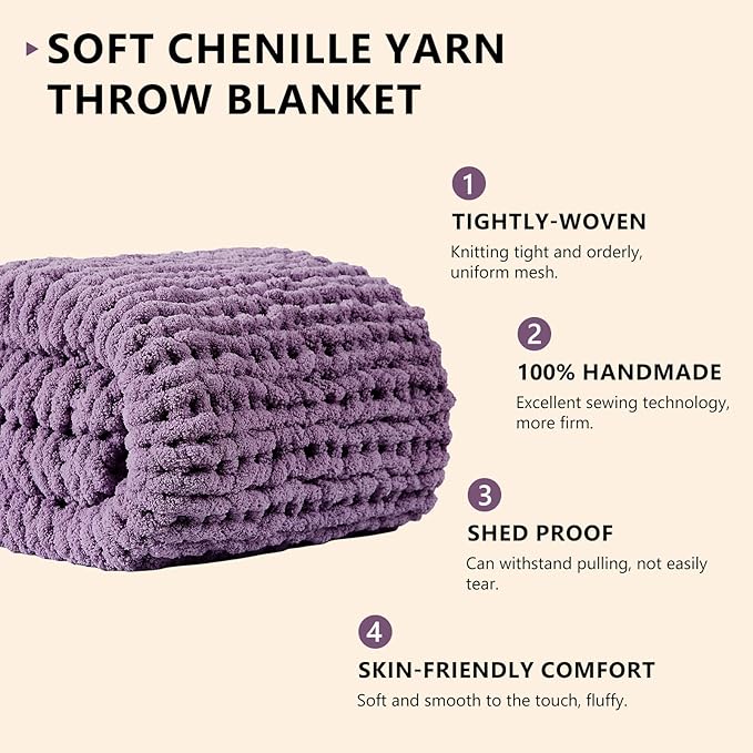 L'AGRATY Chunky Knit Blanket Throw: 60''x80'' Chenille Chunky Knitted Throw Blanket for Bed Couch - Handmade Thick Big Cable Knit Blanket - Large Crochet Rope Blanket for Home Decor(Deep Purple)
