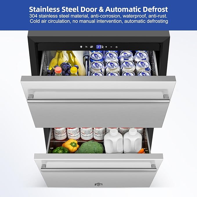 Tylza 24 Inch Under Counter Drawer Fridge, Built-in Beverage Refrigerator for Home and Commercial Use, Stainless Steel Door, Fast Cooling, Low Noise, 37-65 °F