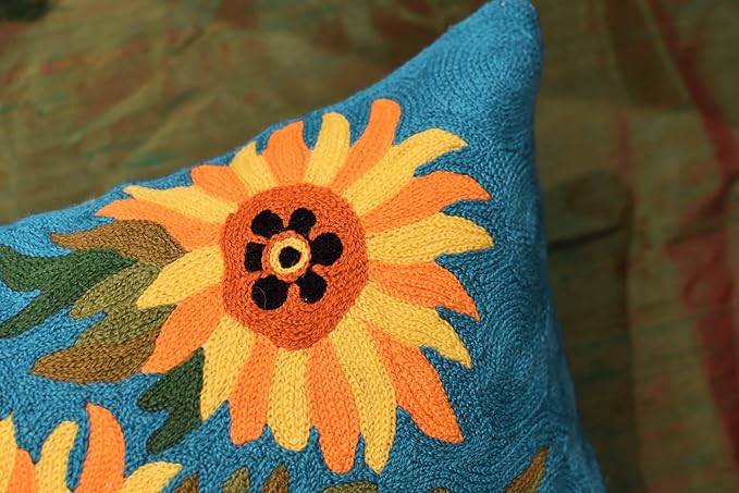 Turquoise Van Gogh Sunflower Pillow Cover Teal Floral Sofa Pillowcase Flower Chair Cushion Accent Throw Flowery Outdoor Pillows Farmhouse Couch Handmade Wool Size 18x18
