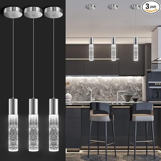 OKELI Modern Pendant Lights,LED Bubble Crystal Kitchen Island Light Fixtures,Chrome Mini Single Pendant Lighting for Kitchen Island,Bar,6W,6000K,ETL,3Pack