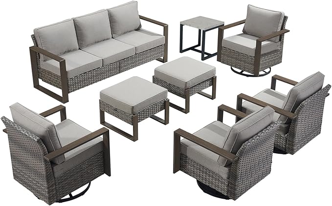 Outdoor Wicker Patio Furniture Set - 8 Piece Patio Conversation Set with 4 Wicker Swivel Rocker Chairs,2 Rattan Ottoman 1 Side Table and 1 Couch,Thick Cushions,Deep Seating(Mixed Grey/Grey)