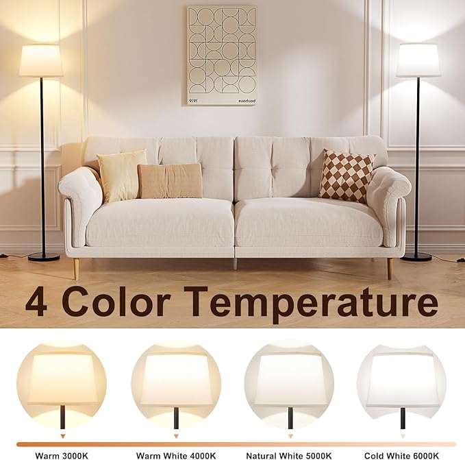 Modern Floor Lamp with Adjustable Brightness, Remote Control, Black, LED Bulbs, White Shade, Foot Switch, Easy Assembly