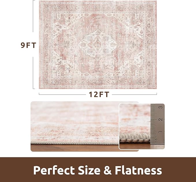 AMOAMI-Area Rug 9X12 Rugs for Living Room-Vintage Soft Pink Rugs for Bedroom-Non Slip Carpet-Washable Rug for Dining Room Living Room Bedroom Office Under Table