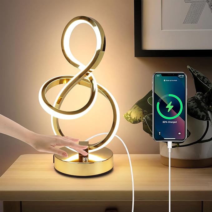 Modern Table Lamp, LED Bedside lamp with USB C+A ports, Touch Stepless Dimmable Nightstand lamp, Unique Spiral Table lamp for Bedroom Living Room Home Office, Spiral lamp for Ideal Gift, Gold