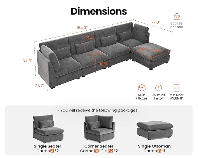 Oversized Modular Sofa, Extra Deep Cloud Chenille Sectional Couch with Ottoman Chaise, Fluffy Chenille 5 Seater Sofa Bed for Living Room, Villa (L Shape 5 Seater, Chenille Grey)
