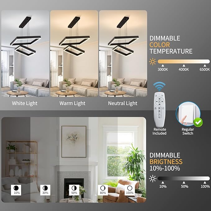 Modern Led Rectangle Chandelier for Dining Room, Dimmable Black Modern Chandelier with Remote, Adjustable Foyer Lighting Fixture