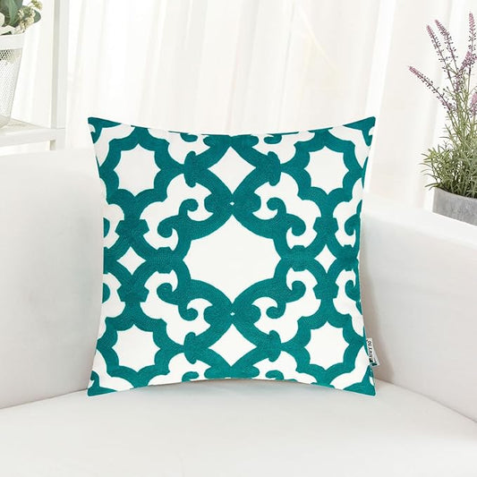 HWY 50 Teal Decorative Throw Pillow Covers 18x18 Inch (1 Piece), Embroidered Cotton Farmhouse Cushion Cover Pillow Case for Sofa Couch Living Room Bed, Geometric