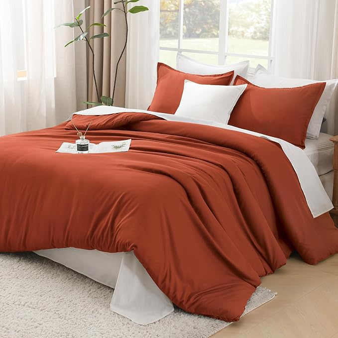 Litanika Comforters Burnt Orange Oversized King Size, 3 Pieces Lightweight Solid Bedding Comforter Set, All Season Fluffy Bed Set (120x98In Comforter & 2 Pillowcases)