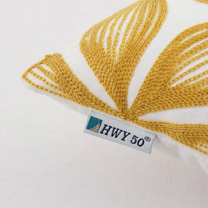 HWY 50 Yellow Decorative Throw Pillow Covers 18x18 Inch (1 Piece), Embroidered Cotton Farmhouse Cushion Cover Pillow Case for Sofa Couch Living Room Bed, Fashion Geometric