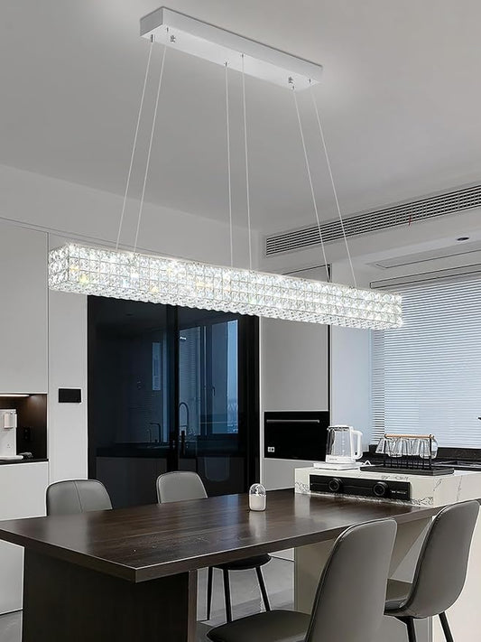 W48 Modern Rectangular Crystal Chandeliers Dining Room Chandelier,Silver Pendant Light Fixture with Remote Control for Living Room Kitchen Island