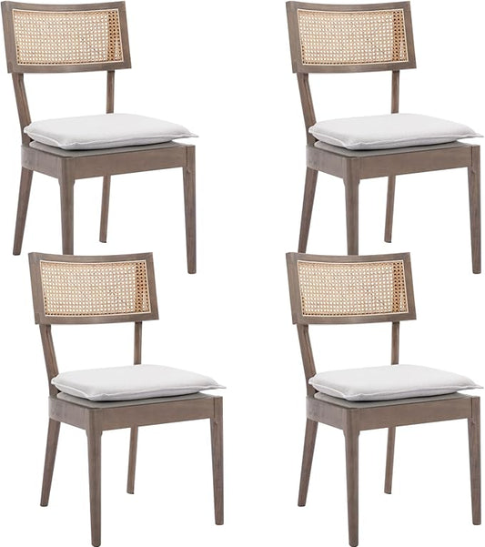 Rattan Dining Chairs Set Of 4 , Mid Century Modern Upholstered Cane Back Chairs with Removable Linen Cushion , Retro Farmhouse Natural Wooden Kitchen & Dining Room Chairs for Restaurant Living Room