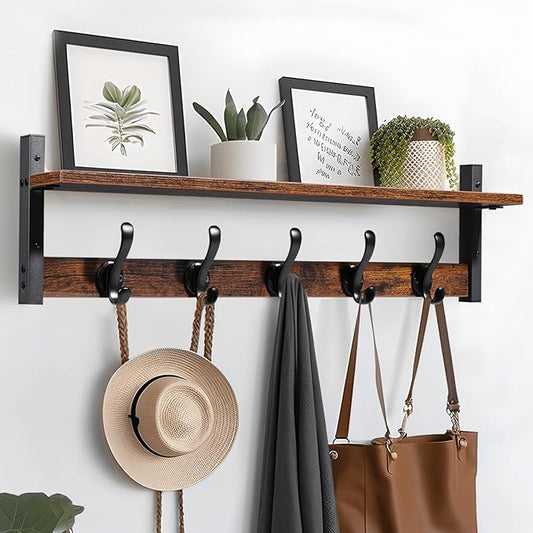 Tatub 29" Rustic Coat Rack Wall Mount with Shelf, Entryway Wall Hooks with Shelf, Coat Hangers for Bathroom, Living Room, Bedroom, Rustic Black