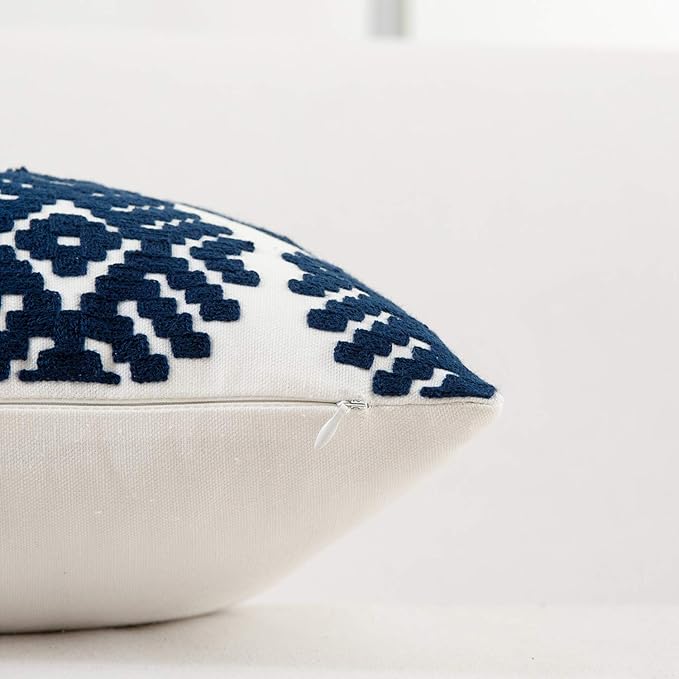 HWY 50 Navy Blue Decorative Throw Pillow Covers 18x18 Inch, Pack of 2 Embroidered Cotton Farmhouse Cushion Cover Pillow Case for Sofa Couch Living Room Bed Bedroon, Diamond Geometric Design