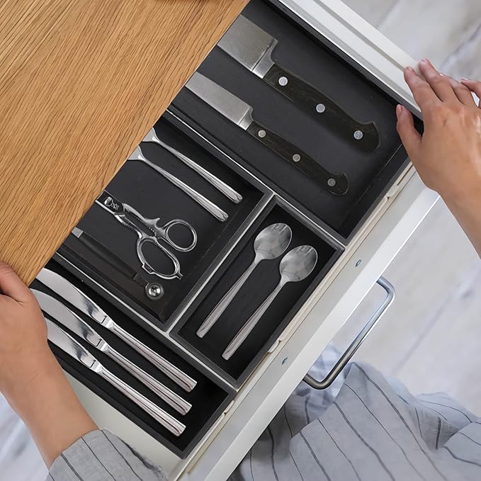 Bamboo Drawer Organizer - Kitchen Utensil Organizer Silverware Tray Cutlery Holder，Office Desk Supplies and Accessories,12 * 3 * 2.6inch,Black