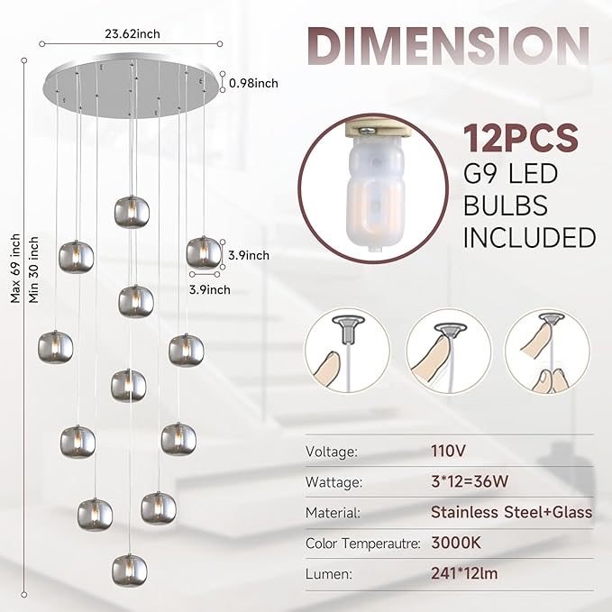 Flush Mount Chandelier,Crystal Pendant Light with 12 G9 LED Bulbs,Chandelier Hanging Flush Mount Lighting Fixtures for Spiral Staircase,Foyer,Entryway,Living Room(12 Lights,3000K)