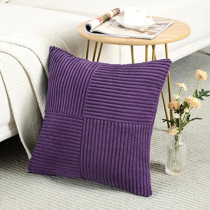 Fancy Homi 2 Packs Purple Decorative Throw Pillow Covers 18x18 Inch for Living Room Couch Bed, Boho Farmhouse Home Decor, Soft Corss Corduroy Patchwork Textured Square Cushion Case 45x45 cm