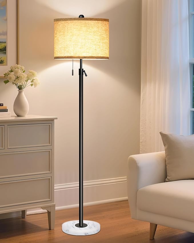 Floor Lamp for Living Room - Adjustable Height Standing Lamp with Marble Base & Linen Shade - Tall Pole Floor Light with 3 Color Temperatures Bulb for Bedroom, Reading - Easy Assembly