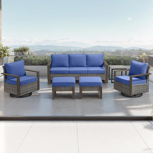 Outdoor Wicker Patio Furniture Set - 6 Piece Patio Conversation Set with 2 Wicker Swivel Rocker Chairs,2 Rattan Ottoman,1 Side Table and 1 Couch,Thick Cushions,Deep Seating(Mixed Grey/Blue)