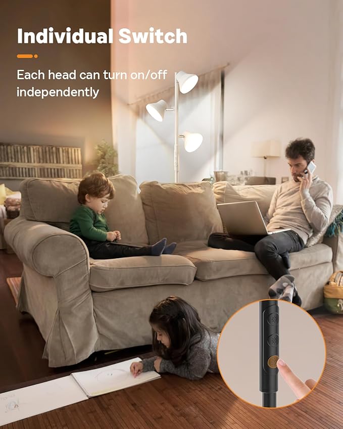 White Floor Lamp, 36W Modern Dimmable Standing Lamp 2700-6500K, 3 Rotatable LED Lights Reading Tall Lamp, Touch & Remote Control Floor Lamps for Living Room Bedroom Office