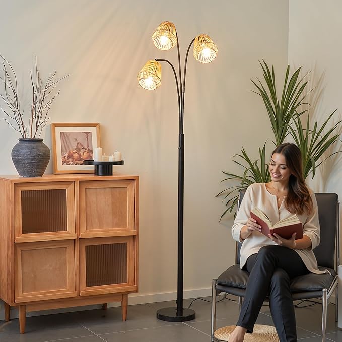 Rattan Floor Lamp for Living Room, 72 Inch Tall Boho Floor Lamp with Rotary Switch, 3 Light Arc lamp with Wicker Shade for Coastal,Bohemian,Rustic,Beach Tree,Farmhouse Standing Lamp