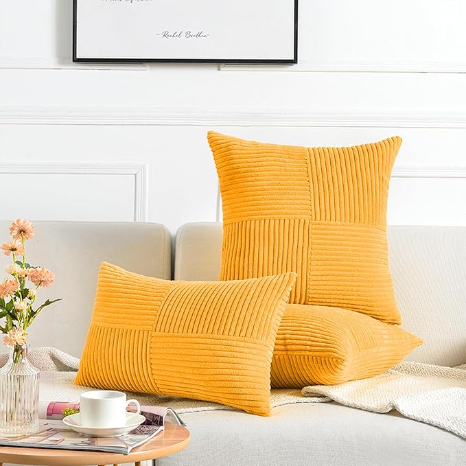 Fancy Homi 2 Packs Gold Yellow Decorative Throw Pillow Covers 22x22 Inch for Living Room Couch Bed Sofa, Farmhouse Boho Home Decor, Soft Corss Corduroy Patchwork Accent Square Cushion Case 55x55 cm