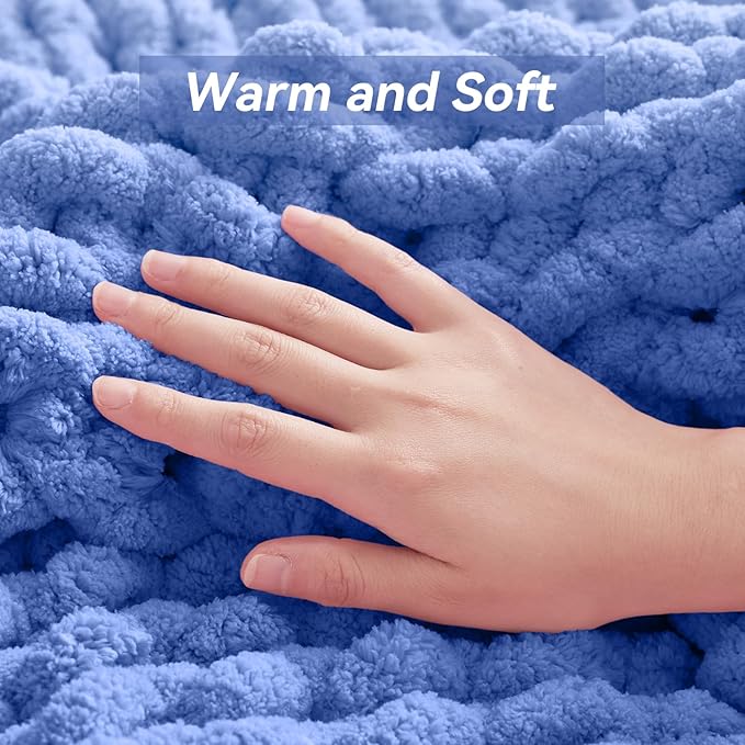 Chunky Knit Throw Blanket, 50''*60'' Knitted Throw Chenille Yarn for Bed Couch, Handmade Light Blue Crochet Big Thick Blanket, Machine Washable Cute Comfy Blanket for Home Decor