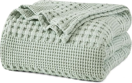 PHF 100% Cotton Waffle Weave Blanket Queen Size, Soft Lightweight Breathable Cozy Summer Blankets for Bed, Luxury Aesthetic Woven Bedding for Home Decor, 90"x90", Sage Green