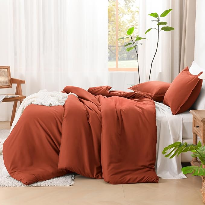 Litanika Comforters Burnt Orange Oversized King Size, 3 Pieces Lightweight Solid Bedding Comforter Set, All Season Fluffy Bed Set (120x98In Comforter & 2 Pillowcases)