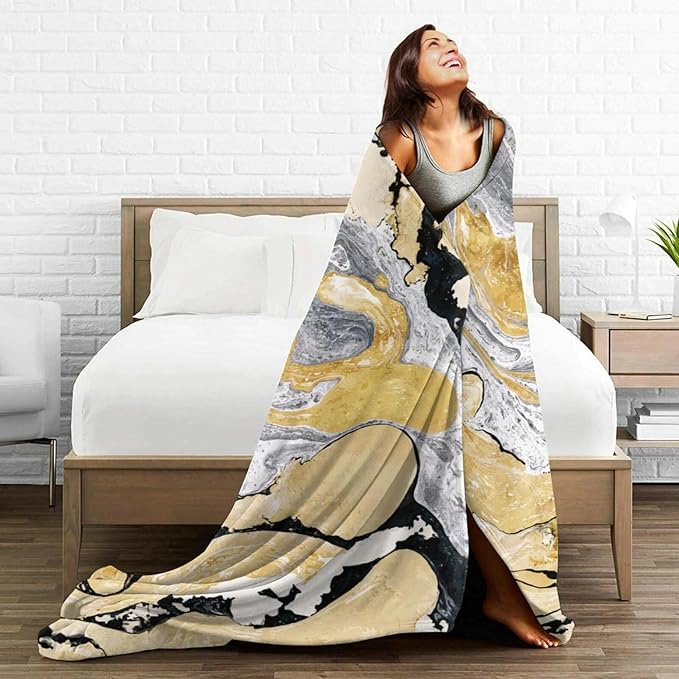 HGOD DESIGNS Gold Golden and Silver Marble Ink Abstract Painting Flannel Fleece Bed Blanket Throw Blanket Lightweight Cozy Plush Blanket for Bedroom Living Rooms Sofa Couch 50"x60"
