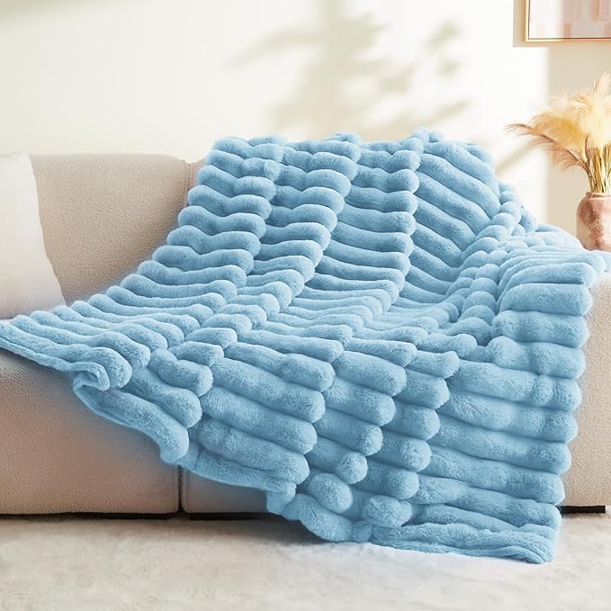BEDELITE Faux Rabbit Fur Blanket, Luxurious 3D Striped Spring Blanket for Decor & Gift, Soft and Warm Plush Fluffy Faux Fur Throw Blanket All Seasons Suitable, (Light Blue, 60"x 80")