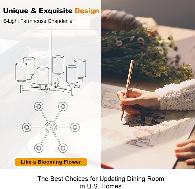 Black Chandeliers, 6 Light Dining Room Light Fixtures Over Table, Farmhouse Chandeliers for Dining Room with Clear Glass Shade for Kitchen Island Living Room Bedroom Bathroom, Height Adjustable