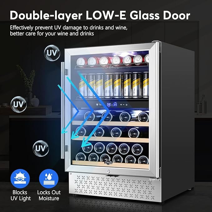 Tylza Dual Zone Wine Fridge, 24 Inch Wine and Beverage Refrigerator Built-in or Freestanding, Wine Beer Fridge Under Counter, Wine Cellar with Stainless Steel and Temperature Memory Function