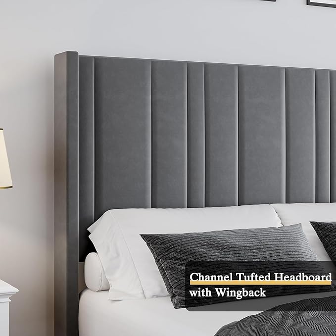 HOMBCK Full Bed Frame with Headboard, Upholstered Platform Bed Full Size with Velvet Headboard & Footboard/Vertical Channel Tufted/Wooden Slats/Noise Free/No Box Spring Needed/Easy Assembly, Grey