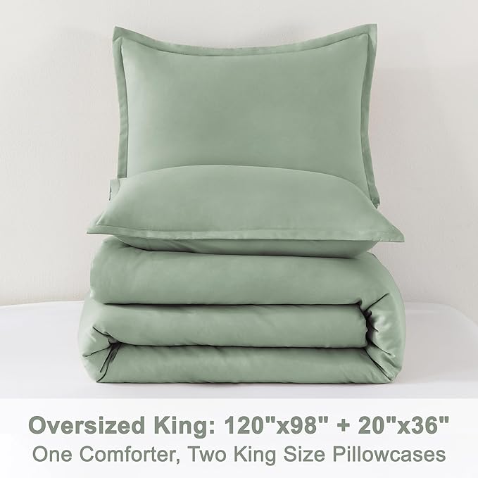 Litanika Oversized King Comforter Set 120x98, 3 Pieces Sage Green Lightweight Solid Bedding Set, All Season Fluffy Bed Set Quilt Blanket (1 Comforter & 2 Pillowcases)