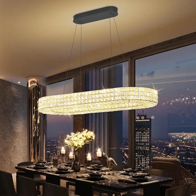 Modern Crystal Chandelier, Dia 40" Rectangular Chandelier for Dining Room,Black Rectangle Crystal Ceiling Light Luxury Oval Chandeliers for Living Room Kitchen Island