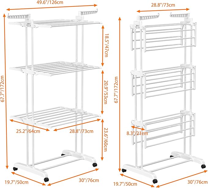 HOMIDEC Clothes Drying Rack, Large 4-Tier Foldable Drying Rack Clothing(67.7H x 19.7W x 30L Inches), Movable Drying Rack with 4 castors. Multifunctional Stainless Steel Laundry Drying Rack, White