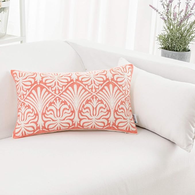 HWY 50 Pink Decorative Lumbar Pillow Cover Rectangle 12x20 Inch (1 Piece), Embroidered Cotton Farmhouse Cushion Cover Pillow Case for Sofa Couch Living Room Bed, Minimalist Floral